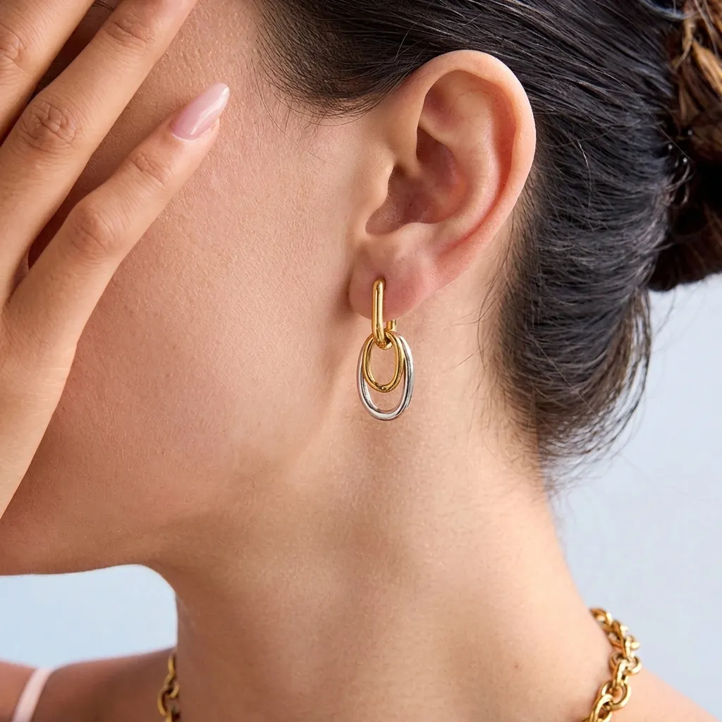 Boucles D'oreilles Créoles Ovales Entrelacées Acier Inoxydable Bicolore Or Argent Bijoux Géométriques Minimalistes Femme