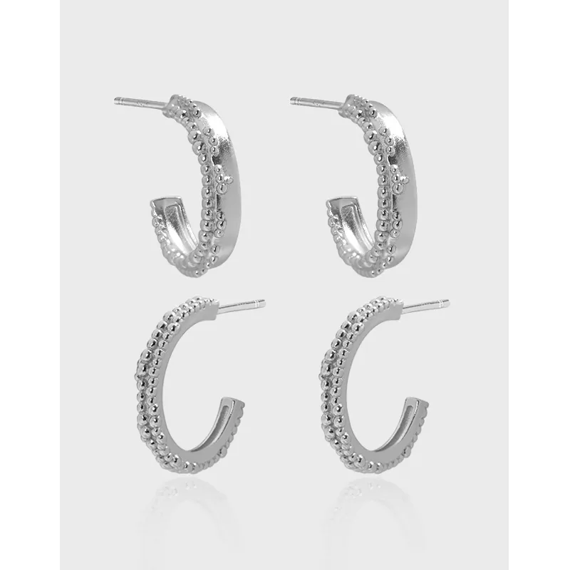 Minimalist 925 Sterling Silver Hoop Earrings C Shaped Beaded Texture Dainty Retro Style For Women Polished Jewelry
