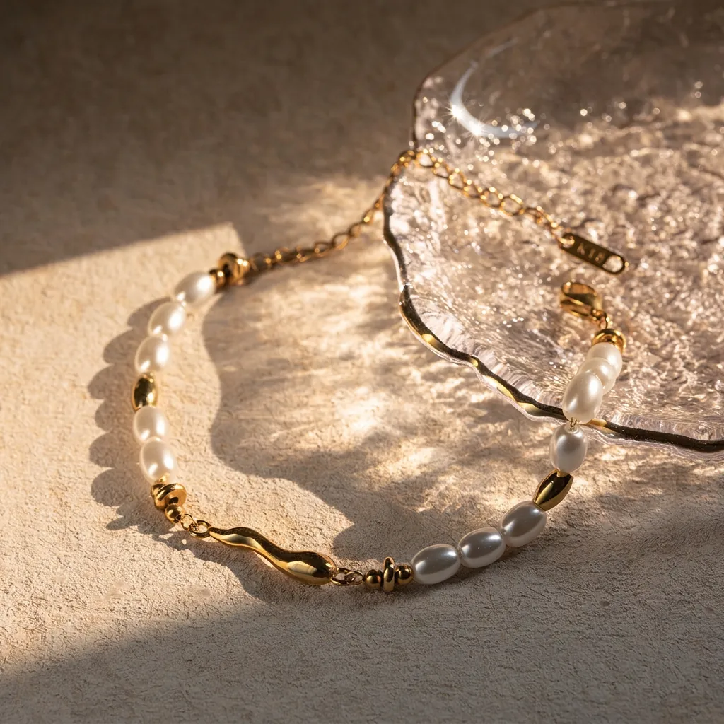 Irregulares Künstliche Perlenarmband 18K Vergoldeter Edelstahl Wellen Wasser Tropfen Gliederkette Verstellbarer Vintage Schmuck Damen