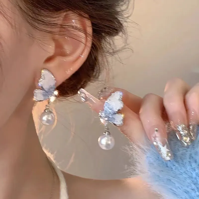 Butterfly Drop Earrings With Faux Artificial Pearl Rhinestones And Silver Earring Post Elegant Jewelry For Women
