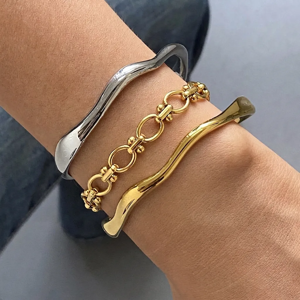 Stainless Steel Wave Open Bangle And Geometric Link Chain Bracelet Minimalist Waterproof Jewelry For Women