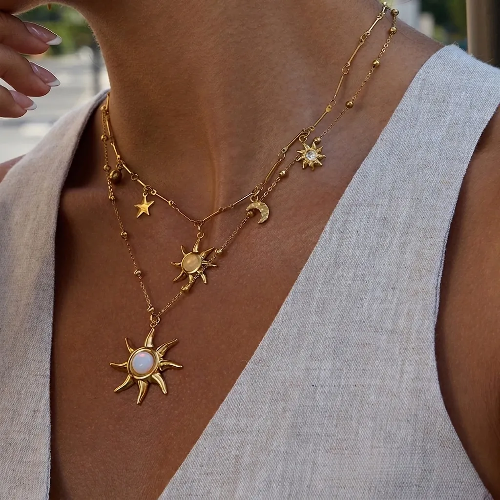 Himmlische Lagenhalskette Und Ohrringe Sonne Mond Stern Edelstahl Vergoldet Böhmischer Opal Schmuck Für Damen