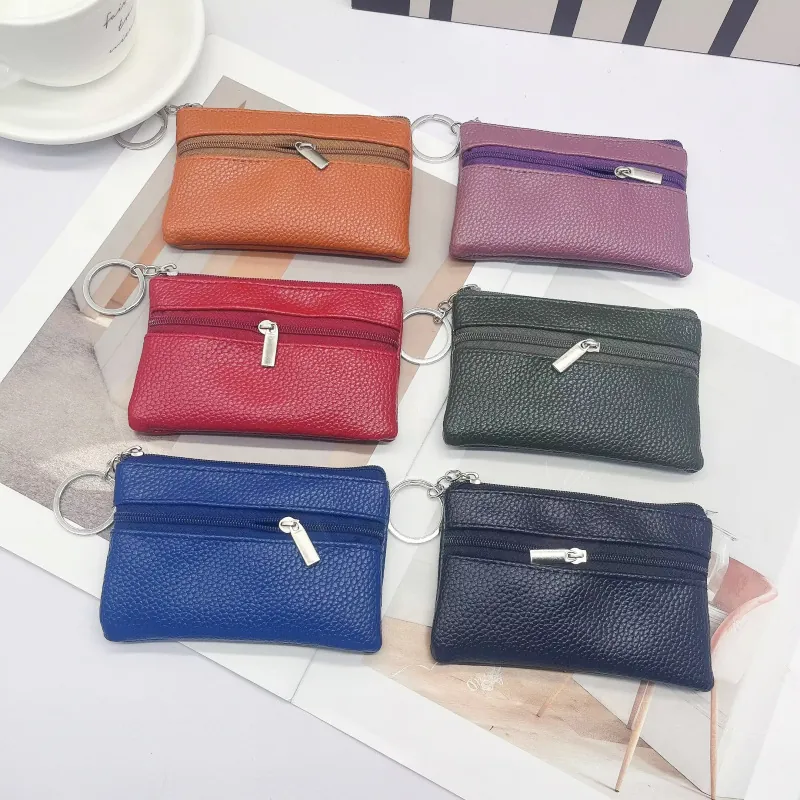 Mini Portamonete Pelle PU Grana Litchi Doppia Cerniera Astuccio Per Chiavi Portafoglio Piccolo Portatile