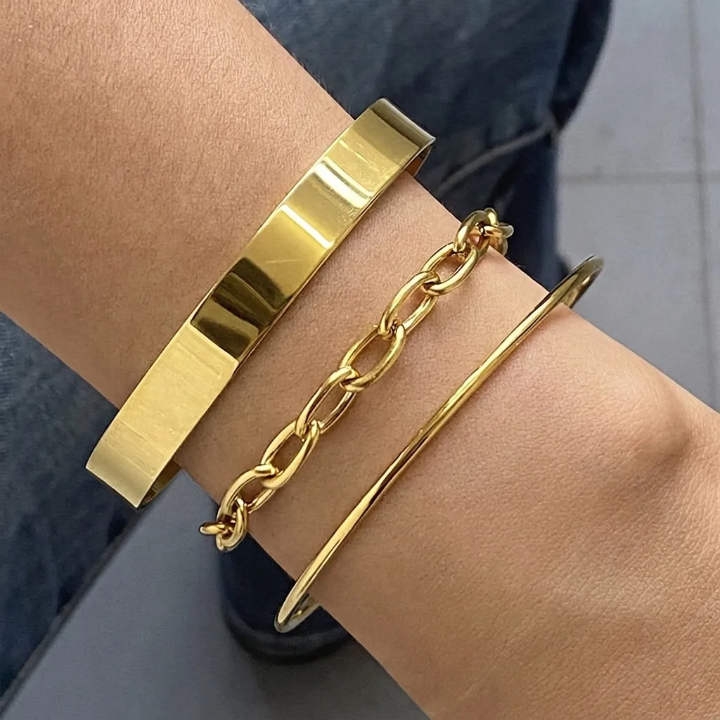 Minimalistischer Vergoldeter Edelstahl Offene Manschette Armreif Ovales Glied OT Schnalle Kette Armband Und Kugel Dünner Reif
