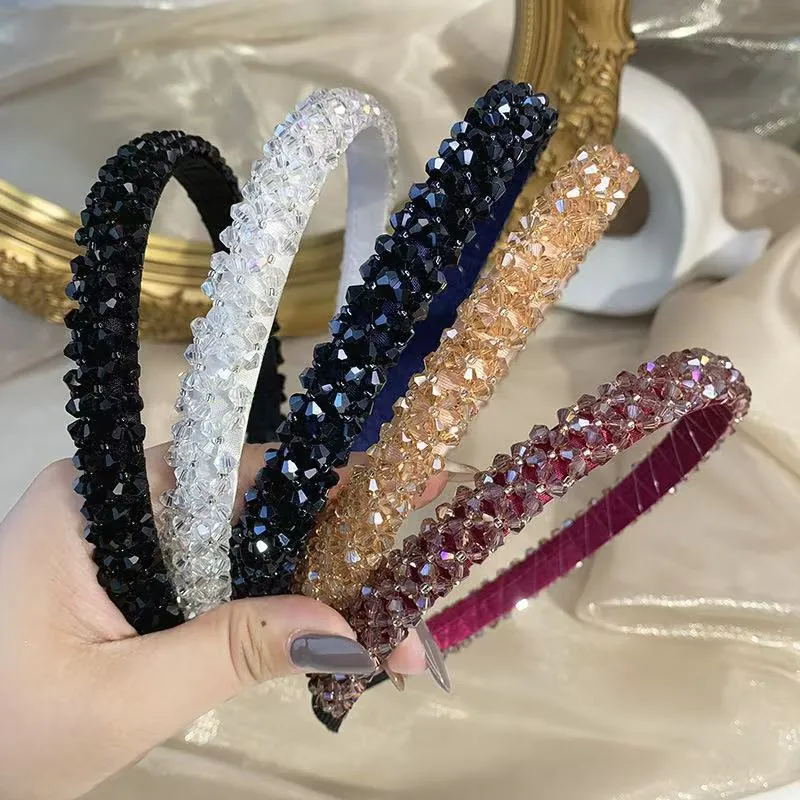 Handmade Crystal Beaded Headband Wide Sparkling Glass Bead Hair Hoop Elegant Fashion Headwear For Women Daily Wedding