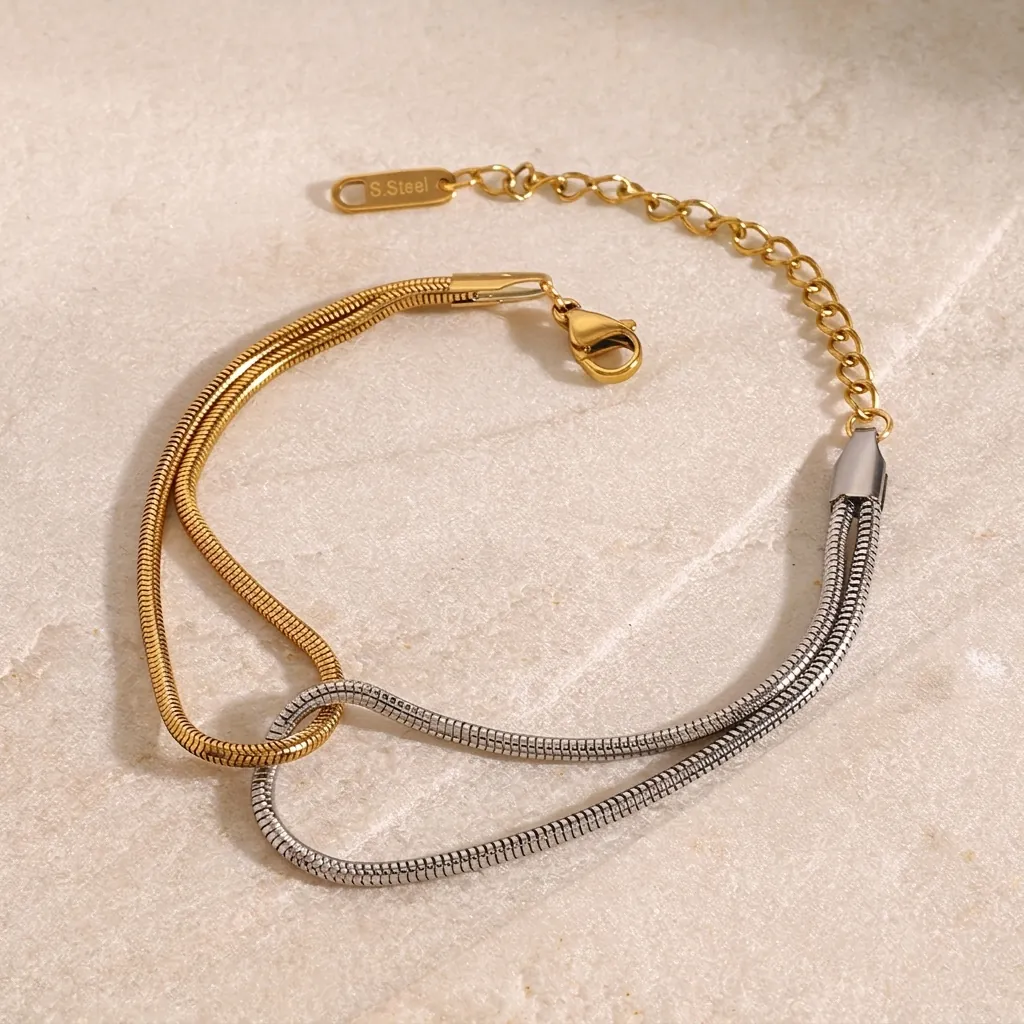 Stainless Steel Two-tone Snake Chain Bracelet For Women Gold Silver Electroplated Double Layer Minimalist Adjustable Jewelry Gift