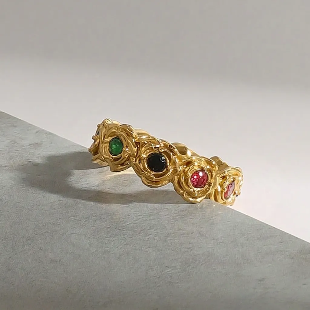 Bague Fleur De Rose Acier Inoxydable Plaqué Or Zircon Multicolore Vintage Luxe Bijoux De Doigt Floraux Pour Femmes Filles