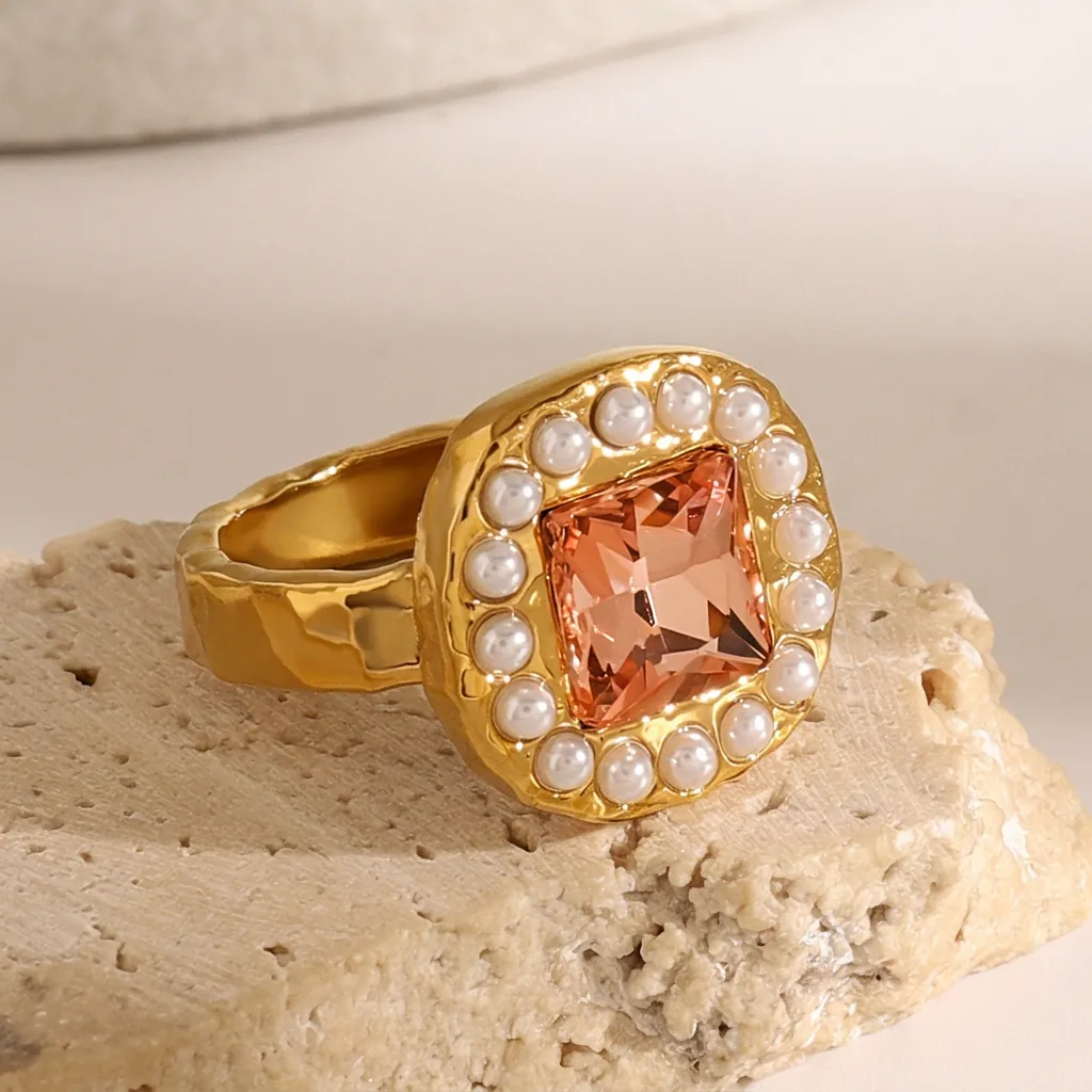 Vintage Quadratischer Champagner Edelstein Ring Mit Kunstperle 18K Vergoldet Edelstahl Gehämmerte Textur Schmuck Für Damen