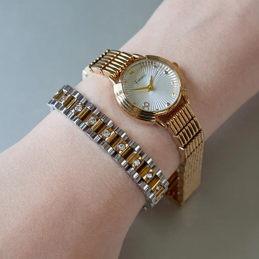 Women Stainless Steel Bracelet Watch Strap Style Two Tone Gold Silver Color With Zircon Inlay Fashion Hypoallergenic