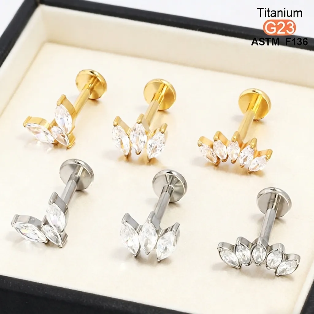 Clou De Piercing Labret Titane G23 F136 Zircon Marquise Filetage Interne Dos Plat Bijoux Cartilage Oreille Forme Éventail