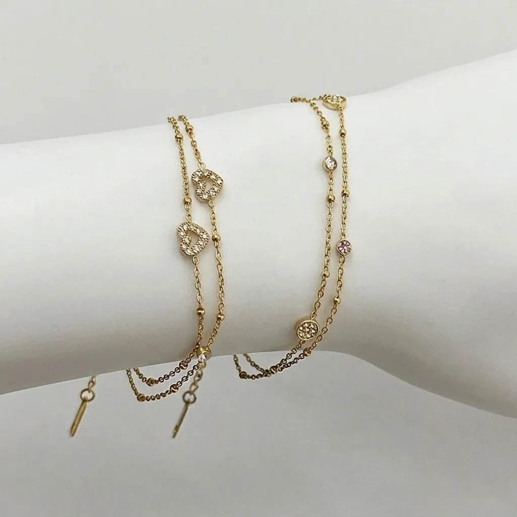 Stainless Steel Double Layer Heart Bracelet Gold Plated Zircon Pendant Adjustable Fashion Jewelry For Women Elegant Accessory