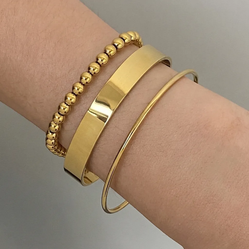 Bracciale E Polsino In Acciaio Inossidabile Placcato Oro 18K Catena Di Perline Largo Liscio Aperto Gioielli Moda Donna