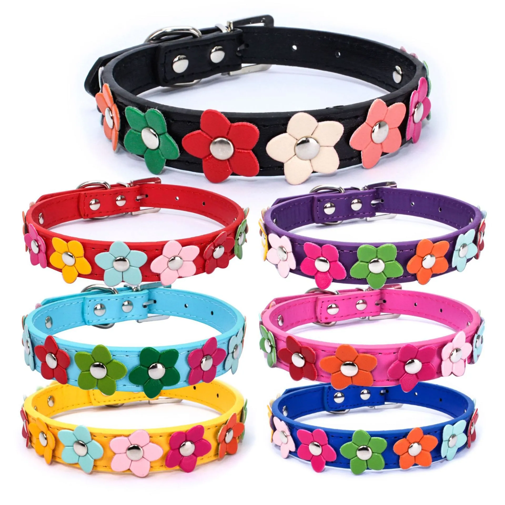 Pet Collar PU Leather Adjustable Colorful Flower Rivet Decoration Neck Strap For Dogs Cats