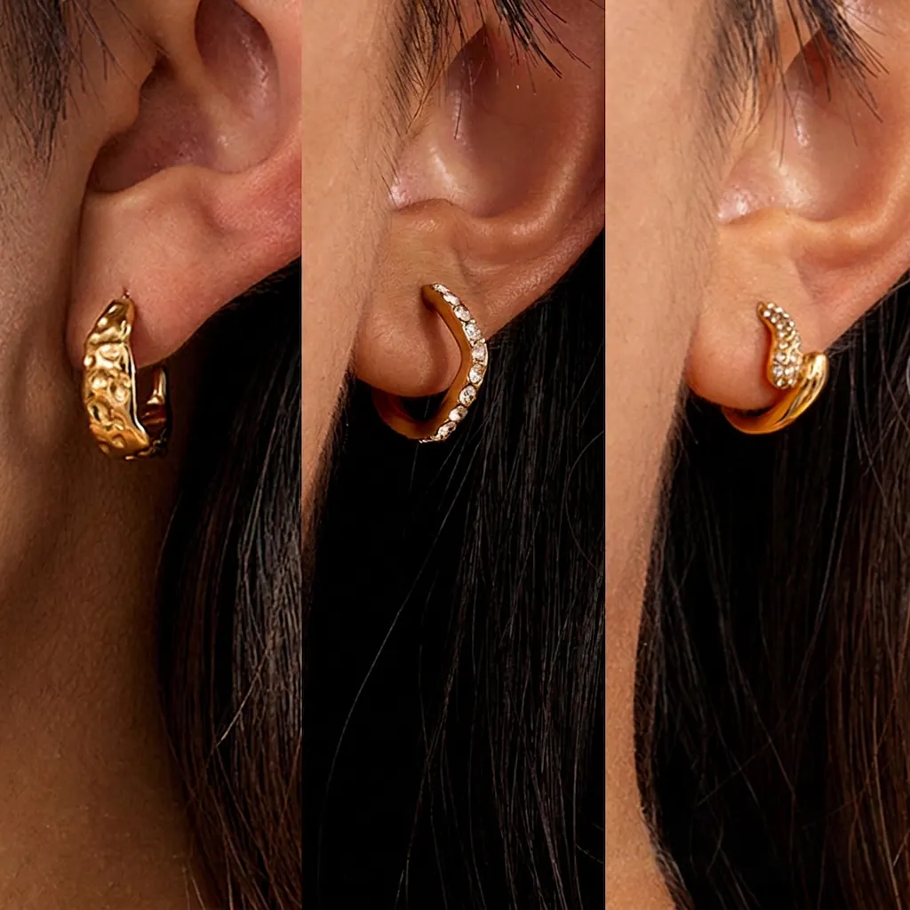 Boucles D'Oreilles Créoles Dorées Martelées Acier Inoxydable Zircon En Forme De C Bijoux De Mode Pour Femmes