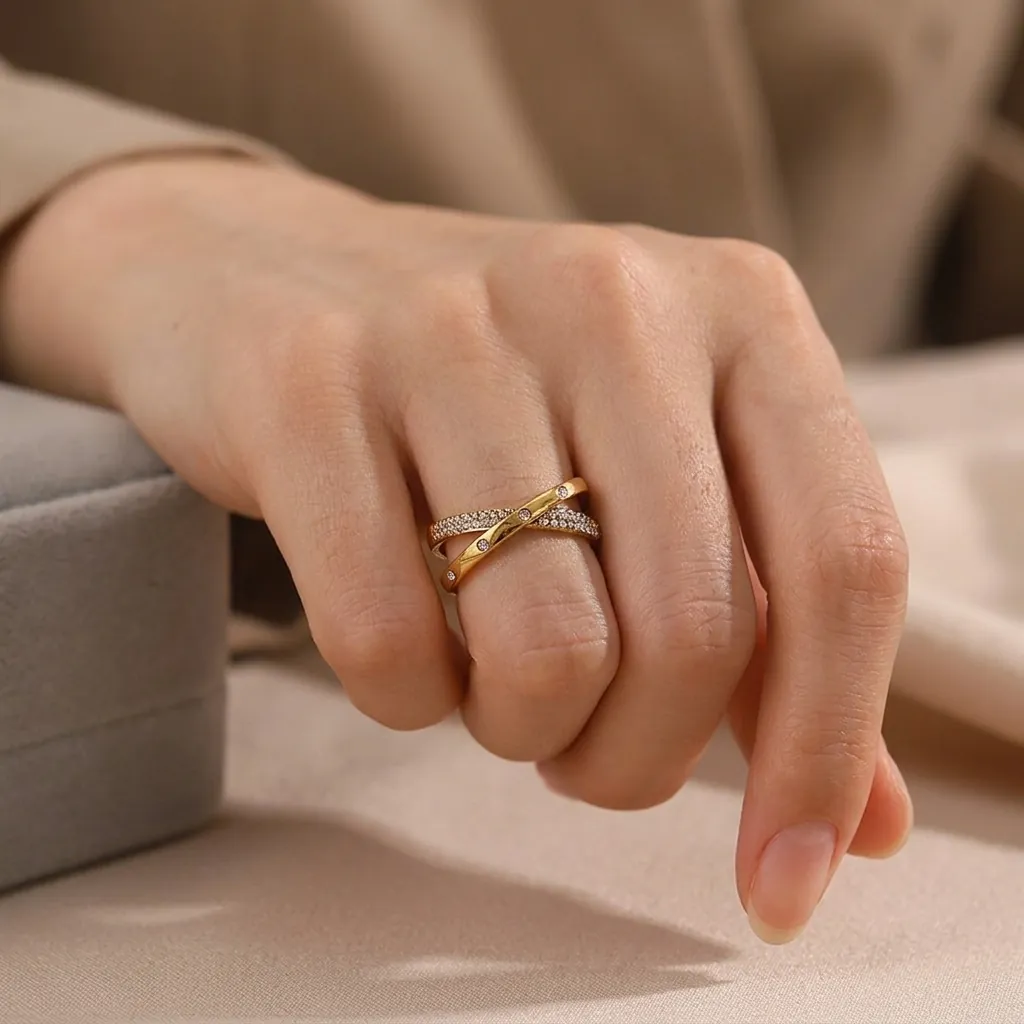 Französische Nische Design Edelstahl 18K Vergoldet Kreuz Strass Offener Ring Für Damen Verstellbarer Minimalistischer Schmuck