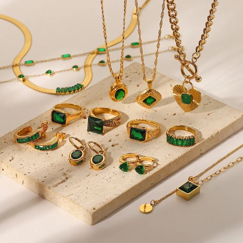Vintage Stainless Steel Green Zirconia Jewelry Series For Women Gold Plated Heart Rectangular Pendant Necklace Bracelet Earring