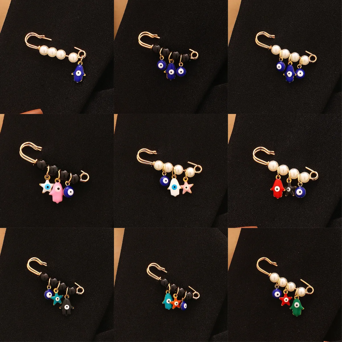Spilla di Sicurezza in Lega Dorata Bohemian Con Künstliche Perle Sintetiche Malocchio Mano Di Fatima Pendenti Gioielli Moda Donna