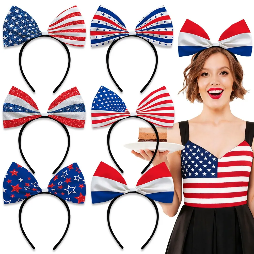 American Flag Independence Day Headband Big Bow Red White Blue Stars Stripes Sequin Party Costume Accessory Women Girls