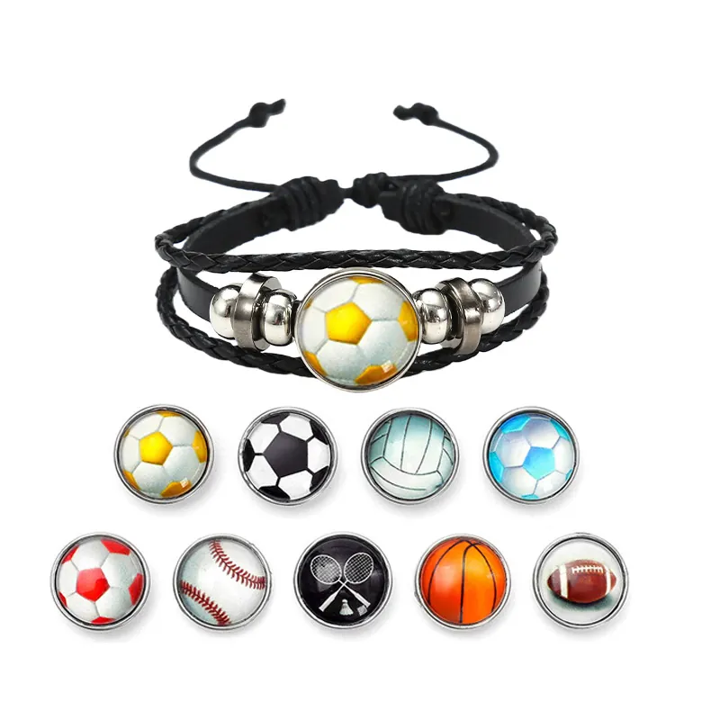 Trendy Sports Theme Braided Leather Bracelet With Soccer Basketball Glass Cabochon Alloy Beads Adjustable Hand Rope Jewelry