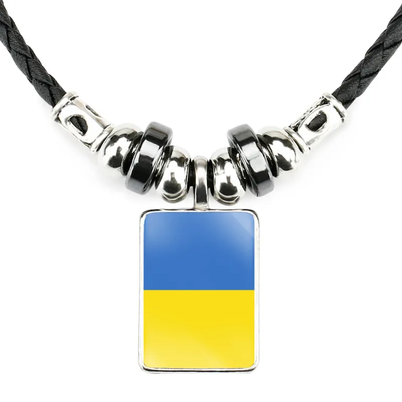 Ukraine Nationalflagge Halskette Rechteck Legierung Anhänger Geflochtene Lederkordel Metallperlen Ethnisch Patriotisch Schmuck Herren
