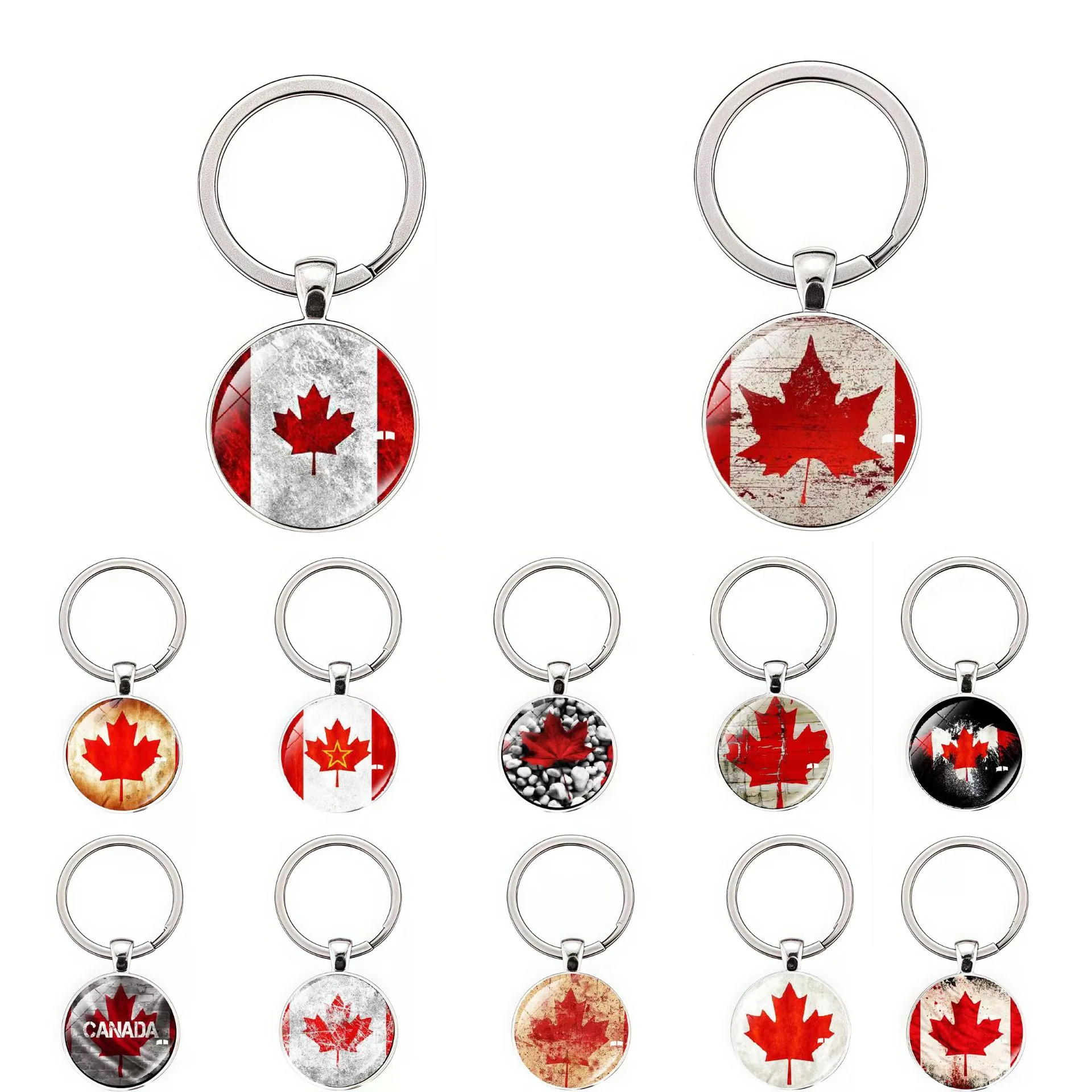 Canada Flag Keychain Maple Leaf Zinc Alloy Glass Dome Vintage Artistic Souvenir Gift For Men Women