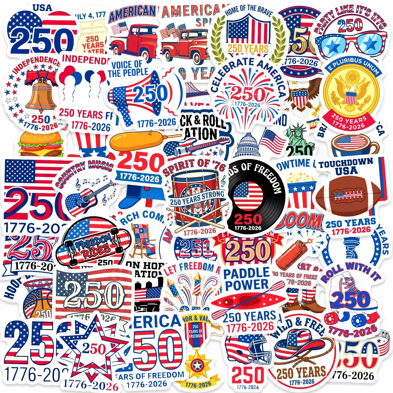 USA 250th Anniversary Commemorative Stickers Patriotic Red White Blue PVC Waterproof DIY Decoration Laptop Luggage Guitar