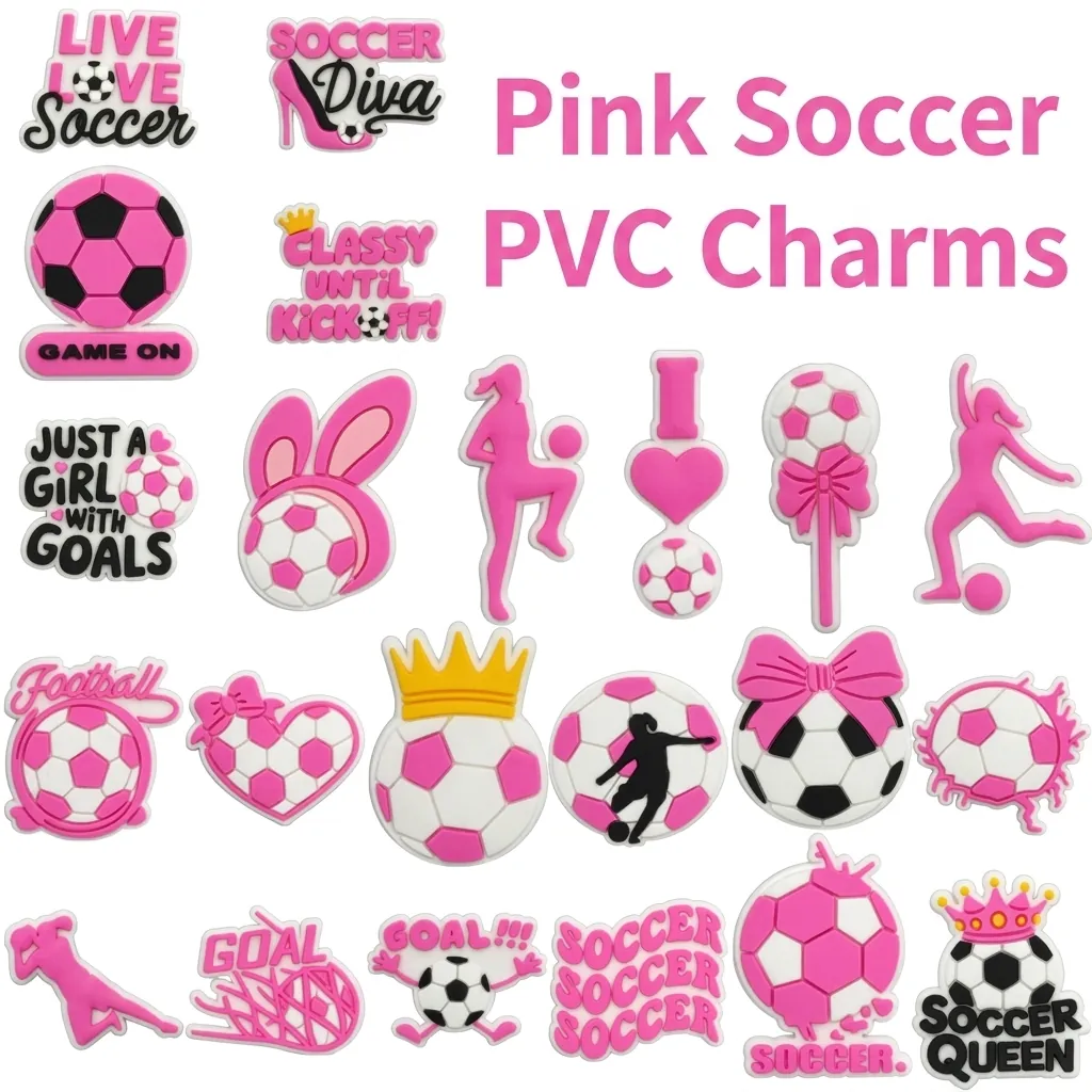 Charms Scarpe Calcio Rosa PVC Patch Decorative Per Sandali Accessori DIY Ragazze Sport Football Queen Goal Cuore Fiocco Stile