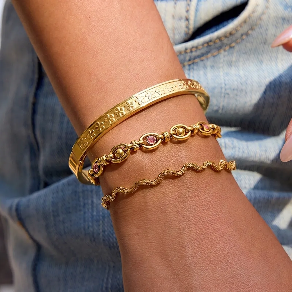 Bracelet En Acier Inoxydable Pour Femme Plaqué Or Cristal Zircon Rose Bijoux De Mode Géométriques Étanche Hypoallergénique
