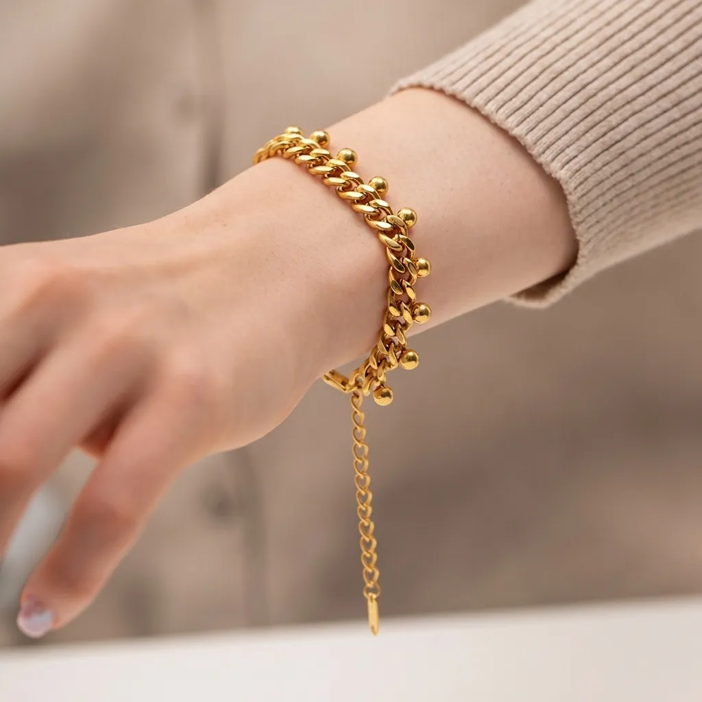 Bracelet À Maillons Cubains Pour Femmes En Acier Inoxydable Plaqué Or 18K Avec Perles Rondes Bijoux