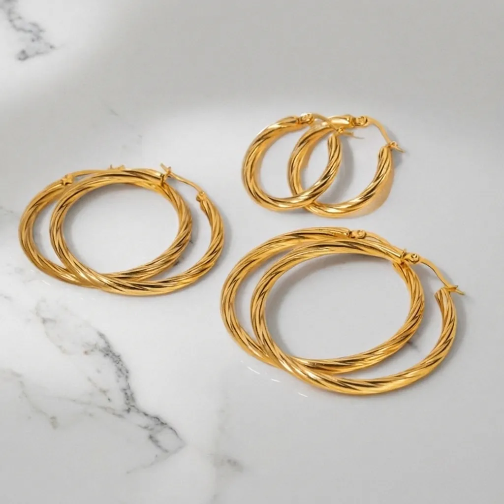 Hoop Earrings 18K Gold Plated Stainless Steel Twisted Cable Pattern Rope Texture Fashion Jewelry For Women