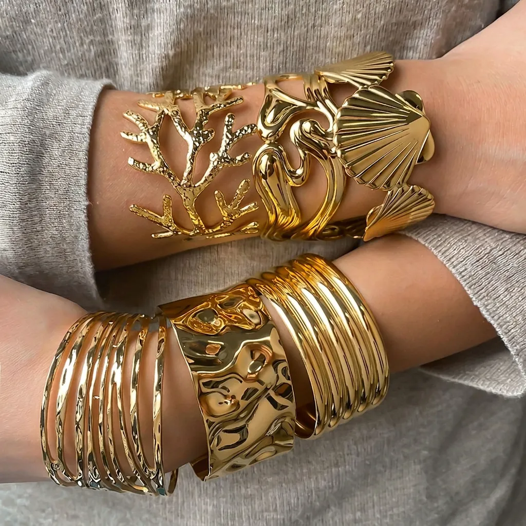 Bracciale Rigido In Acciaio Inossidabile Per Donna Design Conchiglia Corallo Onda Impermeabile Ipoallergenico Polsino Largo