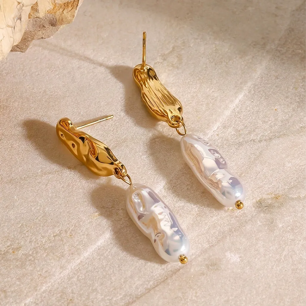Boucles D'oreilles Pendantes Künstliche Perles Baroques Acier Inoxydable Plaqué Or Texture Lave Irrégulière Élégant Bijoux Mode Pour Femmes