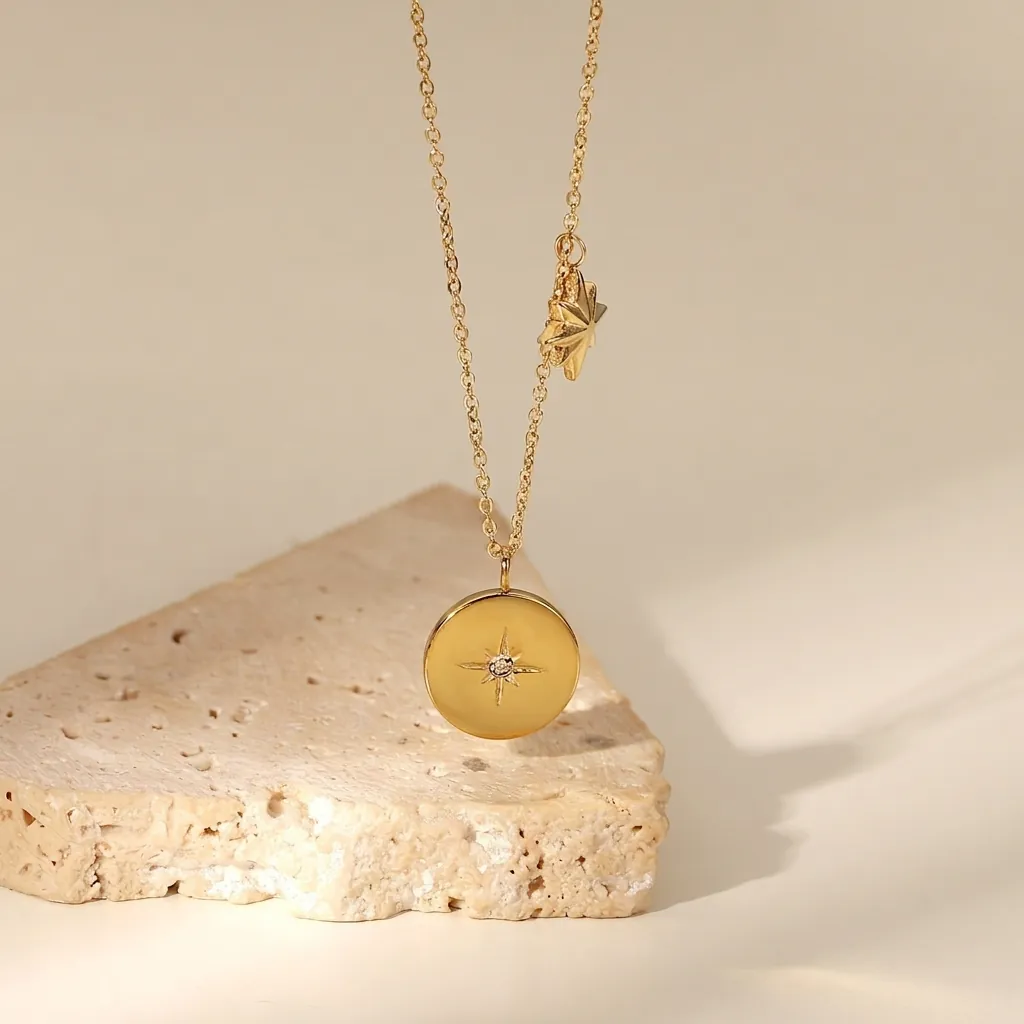 Eight Pointed Starburst Round Coin Pendant Necklace 18K Gold Plated Stainless Steel With Zircon Elegant Jewelry For Women