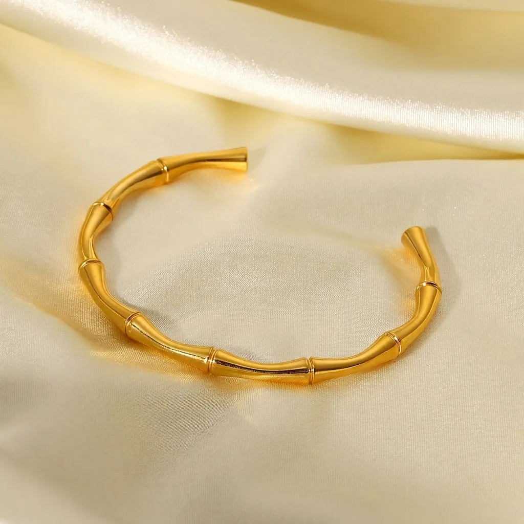 Bracelet Jonc Bambou En Acier Inoxydable Plaqué Or 18K Ouvert Bijoux De Mode Vintage Pour Femmes