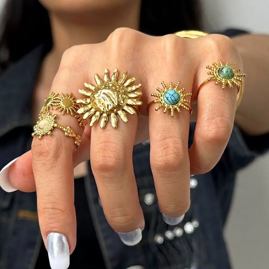 Bague En Acier Inoxydable Avec Turquoise Et Zircone Bohème Soleil Étoile Réglable Plaqué Or Bijoux De Doigt Vintage