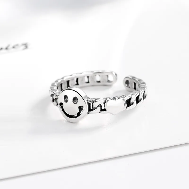 Vintage 925 Sterling Silver Smiling Face Open Ring Chain Texture Heart Detail Adjustable Finger Jewelry For Women Men