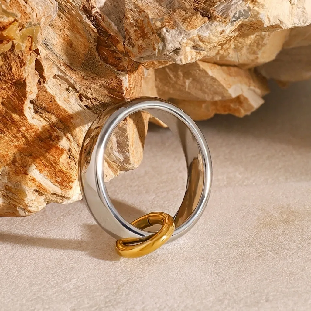 Anello Intrecciato Bicolore In Acciaio Inossidabile Gioielli Minimalisti Geometrici Lucidi Per Donne