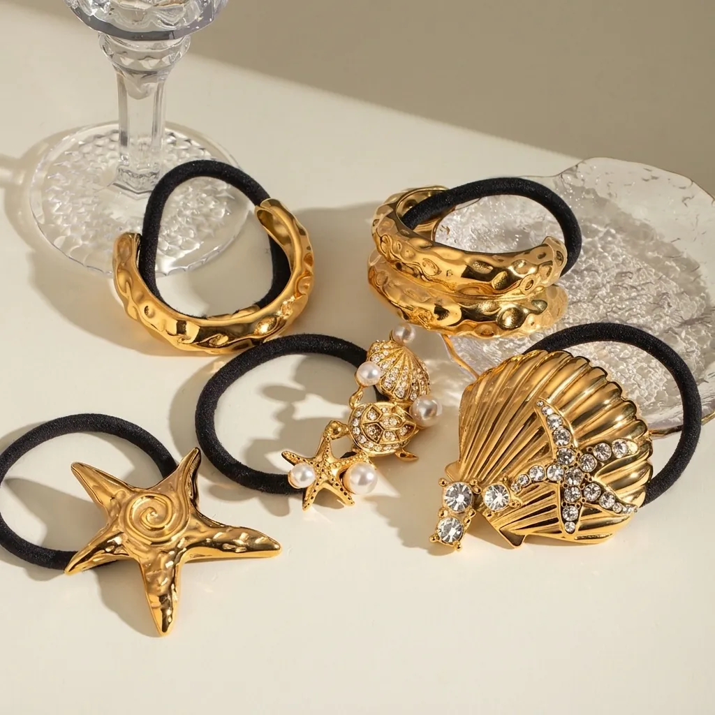 Élastiques À Cheveux En Acier Inoxydable Avec Charme Étoile De Mer Tortue Coquillage Porte Queue De Cheval Métal Martelée