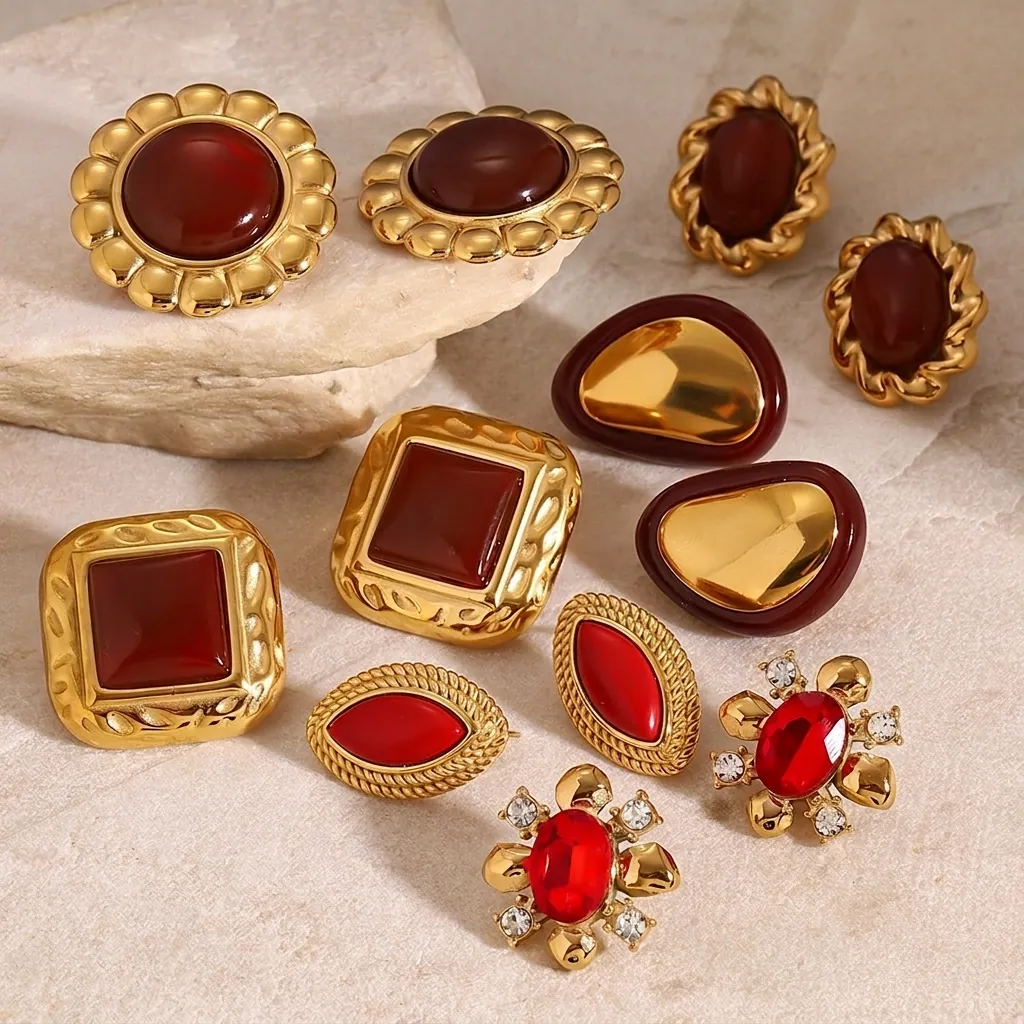 Stainless Steel Red Agate Stud Earrings Retro Geometric Zircon Waterproof Hypoallergenic Fashion Jewelry For Women