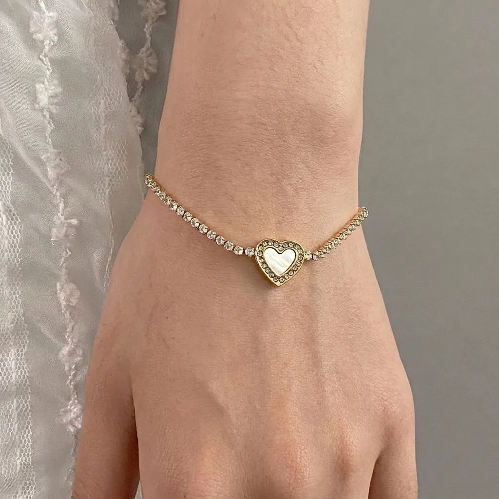 Bracciale Cuore In Acciaio Inossidabile Con Intarsio Di Conchiglia E Catena Tennis Zirconi Scintillanti Per Donna Dorato