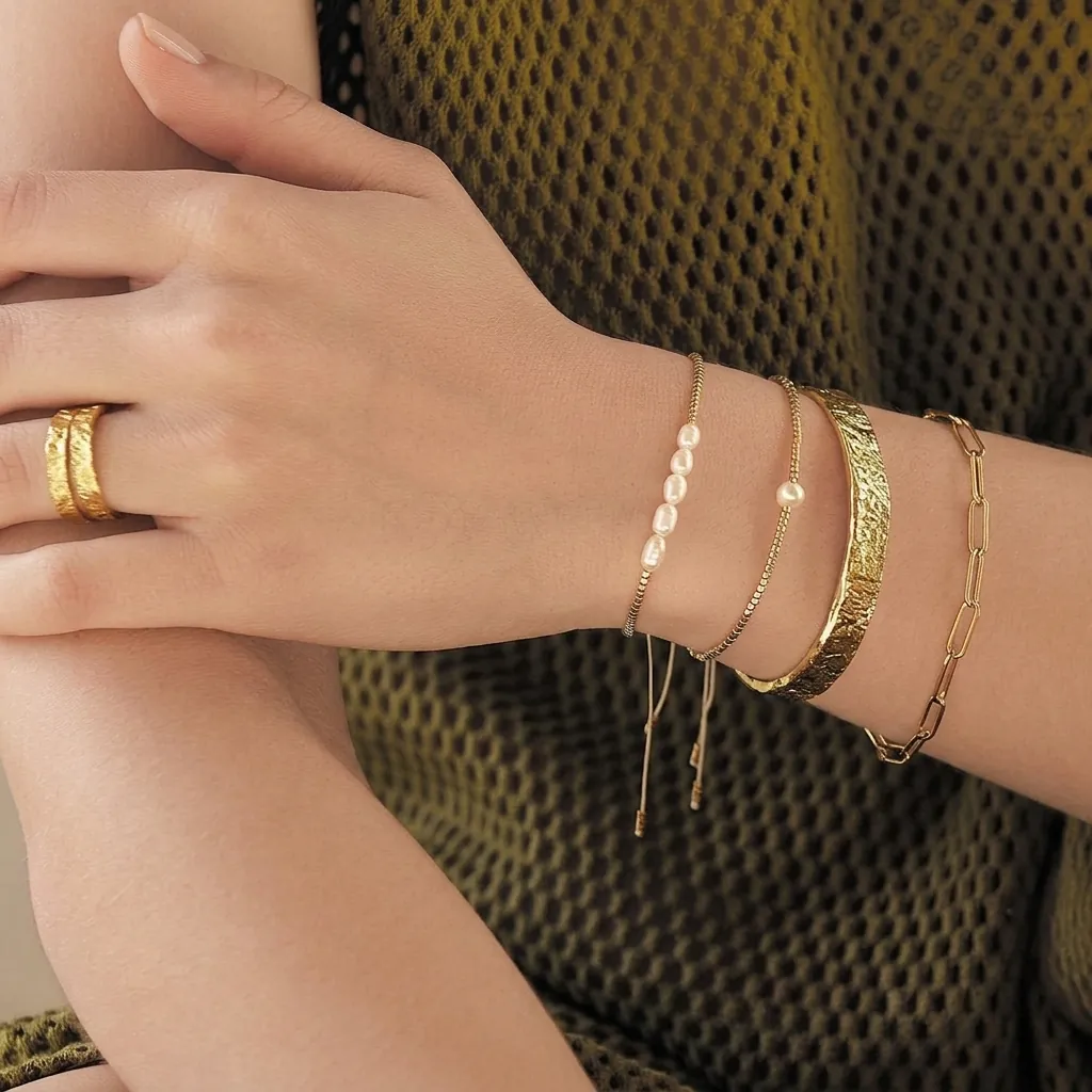 Brazalete Abierto De Acero Inoxidable Martillado Para Mujer Chapado En Oro Impermeable Ajustable Minimalista Simple