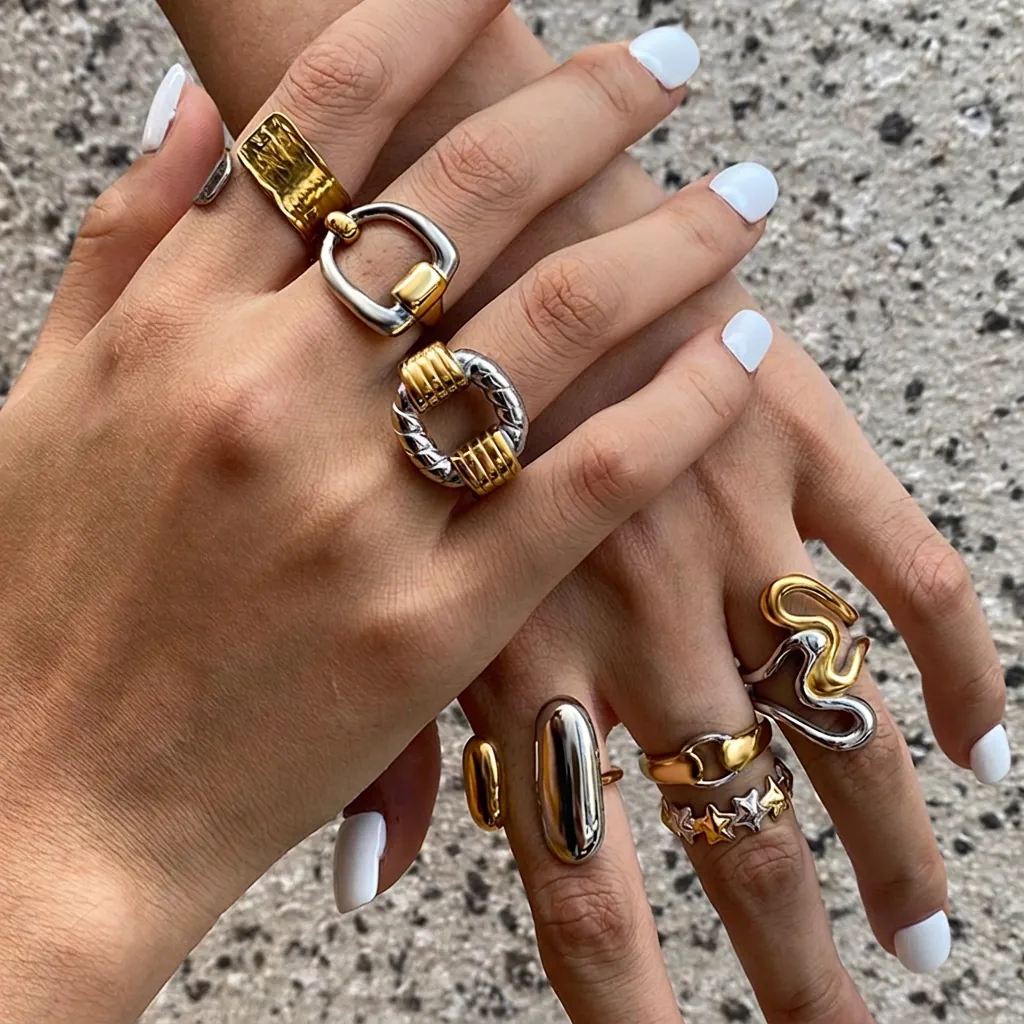 Two Tone Ring Stainless Steel Geometric Twisted Rope Waterproof Hypoallergenic Fashion Jewelry For Women