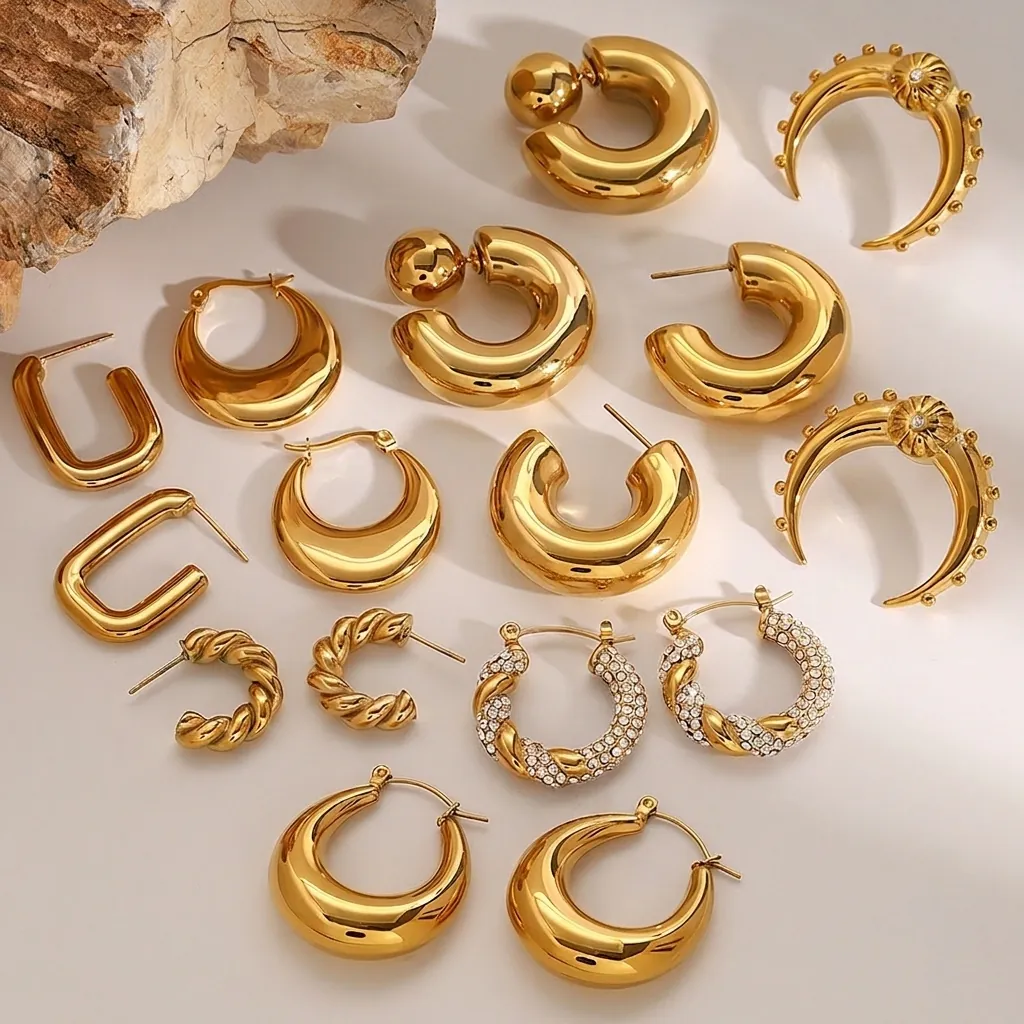 Boucles D'oreilles Créoles En Acier Inoxydable Plaqué Or Forme C Géométrique Zircone Cubique Imperméable Hypoallergénique Bijoux Mode Femmes