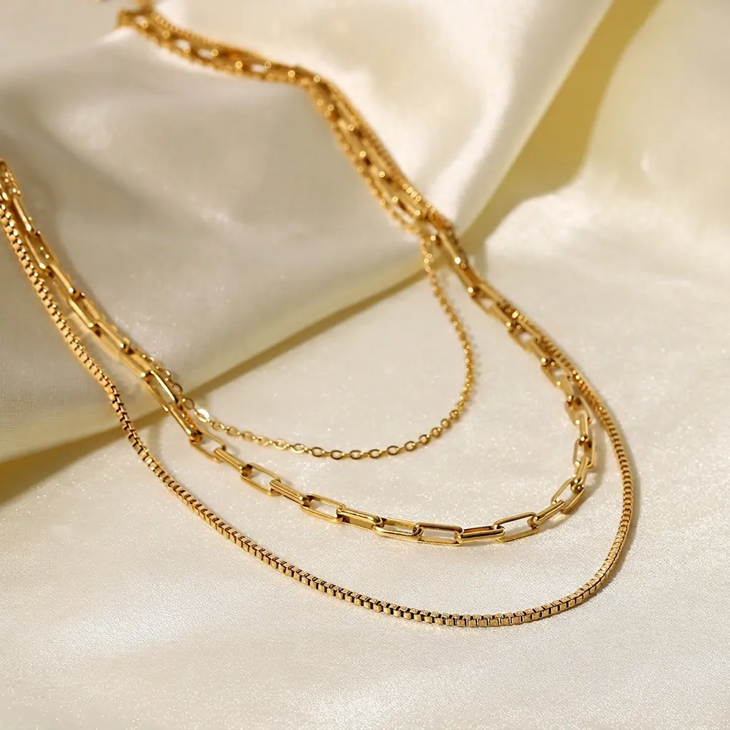 Retro INS Style Gold Plated Stainless Steel Triple Layer Necklace For Women Paperclip Box Chain Geometric Jewelry