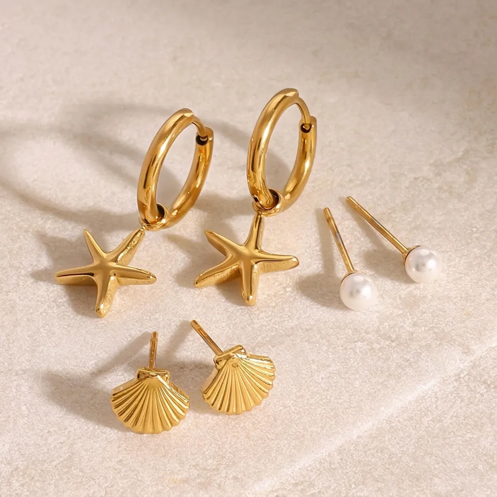 Boucles D'oreilles Créoles Et Puces Étoile De Mer Coquille Künstliche Perle Synthétique Acier Inoxydable Bijoux Thème Océan Femmes