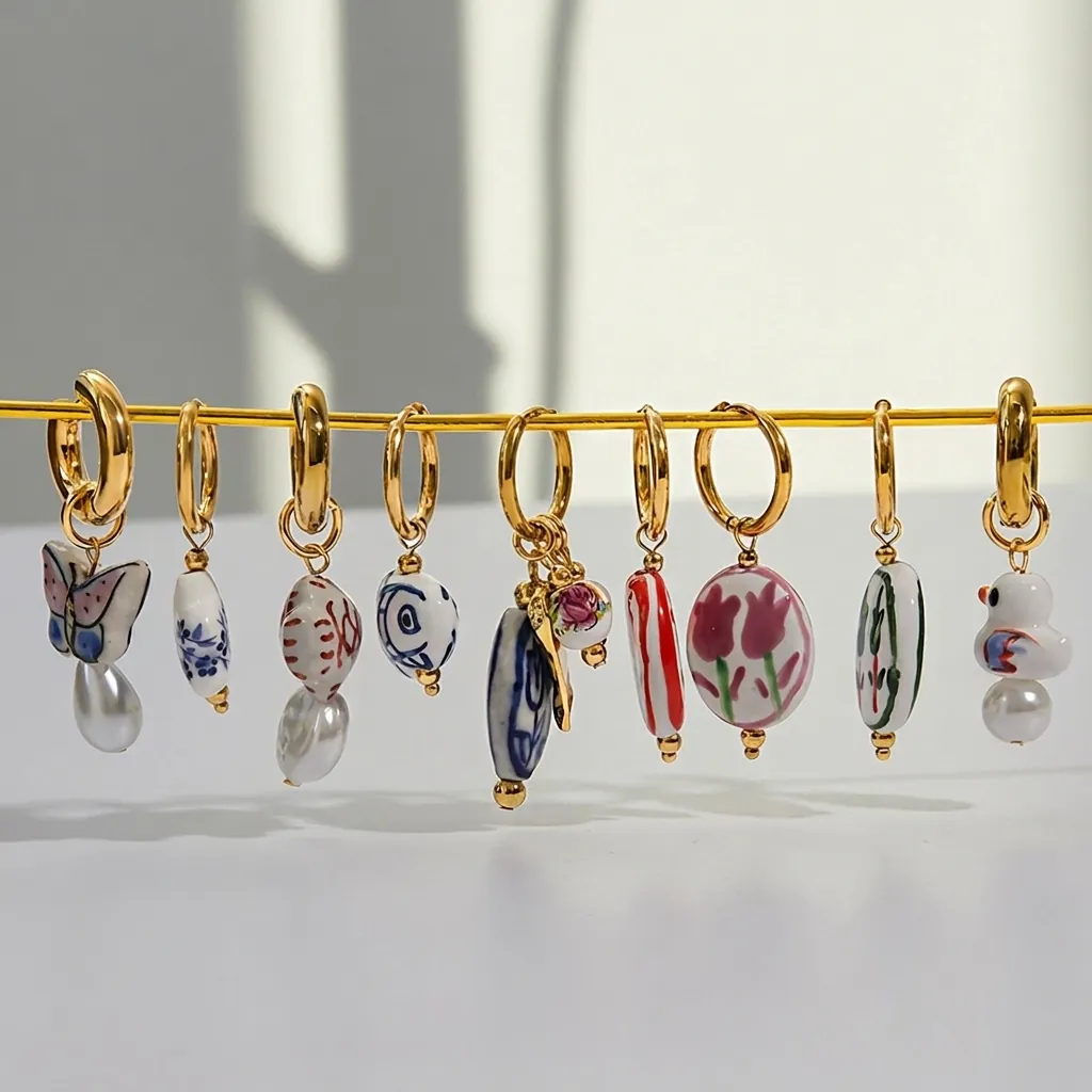 Stainless Steel Hoop Drop Earrings With Ceramic Floral Charms And Imitation Artificial Pearl Gold Plated Hypoallergenic For Women