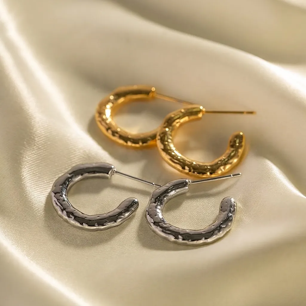 Stainless Steel Hoop Earrings 18K Gold Plated Irregular Lava Hammered Texture C-Shape Geometric Jewelry For Women