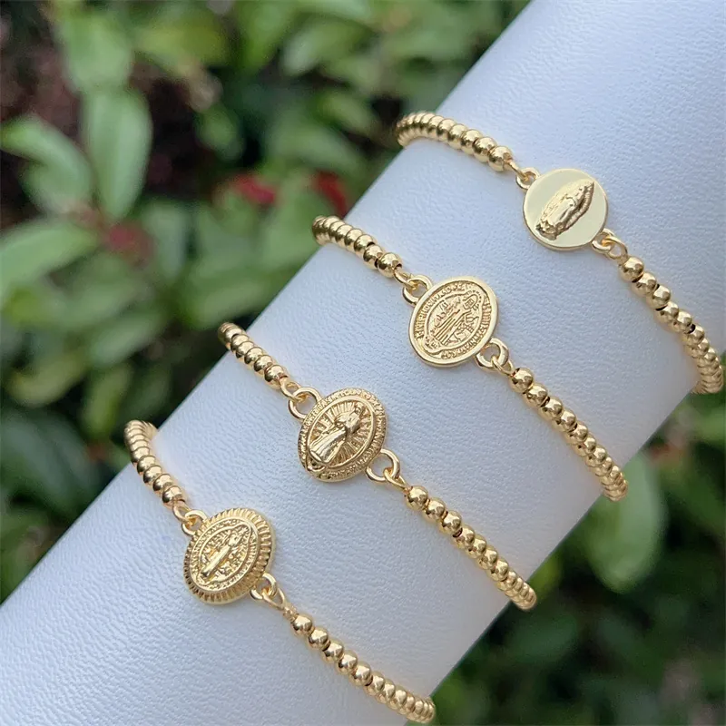 18K Gold Plated Copper Religious Virgin Mary Relief Medal Bracelet For Women Vintage Elegant Bead Chain Jewelry Adjustable