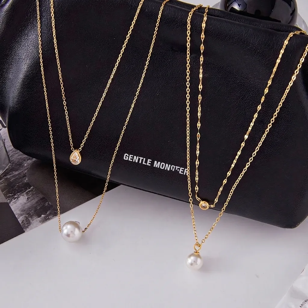 Layered Necklace Stainless Steel Gold Plated Cubic Zirconia Artificial Pearl Pendant Waterproof Hypoallergenic Elegant Women