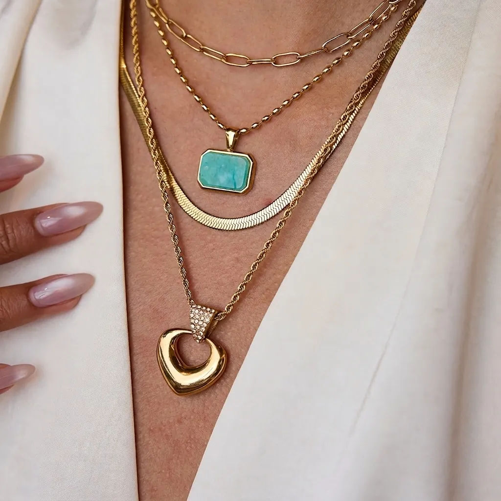 Collier Pendentif Coeur Acier Inoxydable Bijoux Superposés Imperméable Hypoallergénique Accessoire Mode Pour Femmes